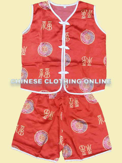 Bargain - Boy's Sleeveless Blessing & Longevity Mandarin Suit (Red)