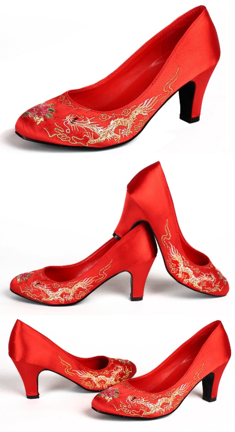 High Heel Dragon and Phoenix Embroidery Shoes (Red)