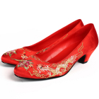 Mid Heel Dragon and Phoenix Embroidery Shoes (Red)