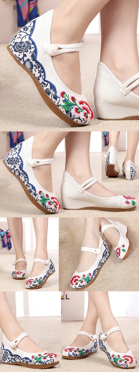 Mid Heel Flower Embroidery Shoes (White)
