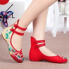 Mid Heel Flower Embroidery Shoes (Red)