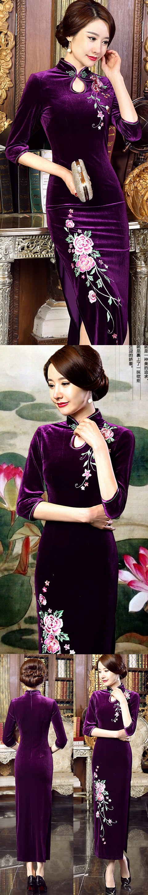 Elbow-sleeve Embroidery Velvet Cheongsam (RM)