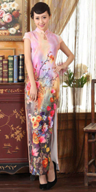 Long-length Cup-sleeve Printing Silky Cheongsam (RM)