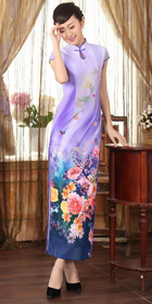 Long-length Cup-sleeve Silk Printing Cheongsam (RM)