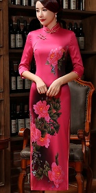 Elbow-sleeve Silk Printing Cheongsam (RM)