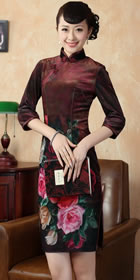 Elbow-sleeve Short-length Spray Painting Velvet Cheongsam (RM)