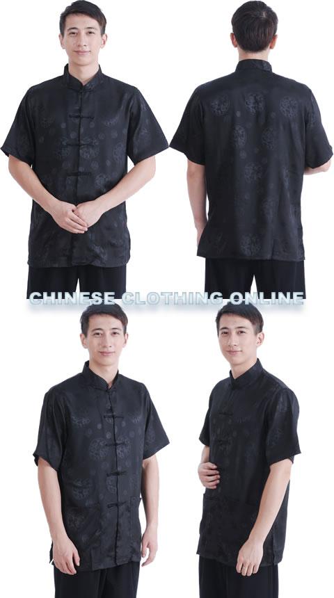 Bargain - Short-sleeve Huddling Dragons Mandarin Shirt - Black (RM)