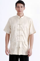 Short-sleeve Huddling Dragons Mandarin Shirt - Light Gold (RM)