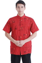 Short-sleeve PLum Blossoms Mandarin Shirt - Red (RM)
