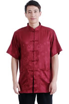 Short-sleeve Huddling Dragons Mandarin Shirt - Dark Red (RM)