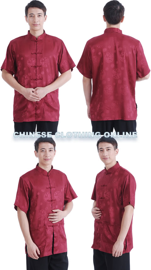 Short-sleeve Huddling Dragons Mandarin Shirt - Dark Red (RM)