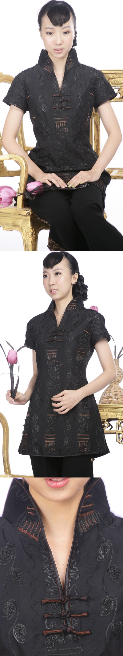Short-sleeve Embossed Embroidery Mini Cheongsam Dress (Black)