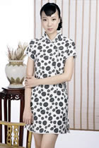 Short-sleeve Printed Pattern Cheongsam Dress (White)