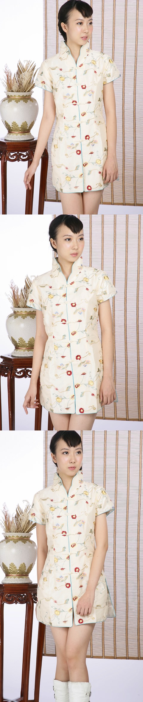 Short-sleeve Floral Embroidery Mini Cheongsam Dress (Light Gold)