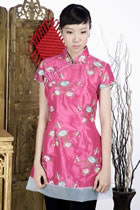 Short-sleeve Floral Embroidery Mini Cheongsam Dress (Fuchsia)