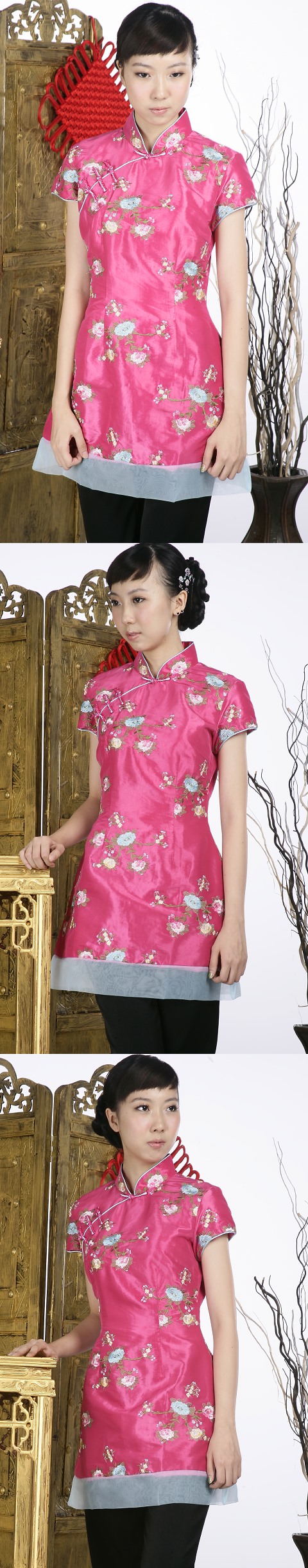 Short-sleeve Floral Embroidery Mini Cheongsam Dress (Fuchsia)
