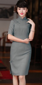 Elbow-sleeve Cotton-linen Mid-length Cheongsam (CM)