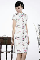 Short-sleeve Floral Embroidery Midi Cheongsam Dress (White)