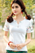 Ethnic Floral Embroidery Short-sleeve Blouse - White (RM)