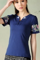 Ethnic Floral Embroidery Short-sleeve Blouse - Blue (RM)