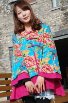 Ethnic Long-sleeve Floral Printing Daul-layer Blouse (CM)