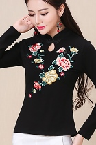 Ethnic Floral Embroidery Long-sleeve Blouse - Black (RM)