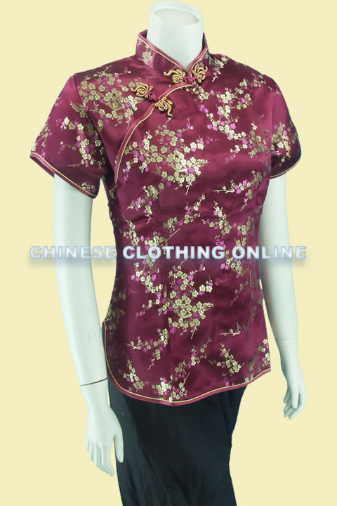 Short-sleeve Plumb Blossoms Embroidery Mandarin Blouse (RM)