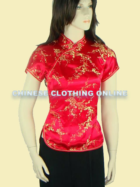 Short-sleeve Plumb Blossoms Embroidery Mandarin Blouse (RM)