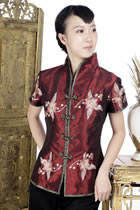 Short-sleeve Floral Embroidery Mandarin Blouse (Maroon)