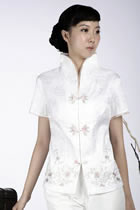 Short-sleeve Floral Embroidery Mandarin Blouse (White)