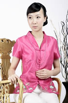 Short-sleeve Embossed Embroidery Mandarin Blouse (Fuchsia)