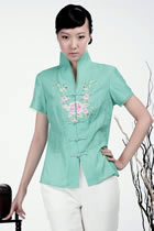 Short-sleeve Floral Embroidery Mandarin Blouse (Aqua)