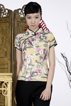 Short-sleeve Floral Mandarin Blouse