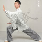 Professional Taichi Kungfu Uniform with Pants - Silk Fibroin Satin - White/Grey (RM)