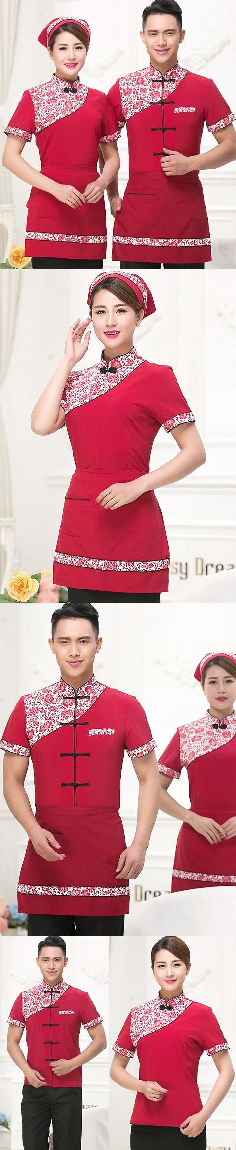 Mandarin Style Restaurant Uniform-Top (Crimson)